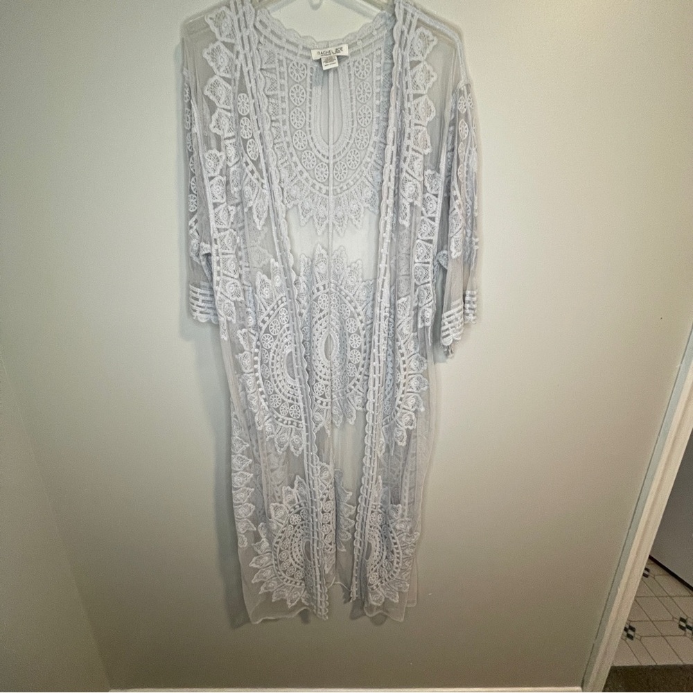 Rachel Zoe Sheer Lacey Long Open Front Kimono Grey One Size